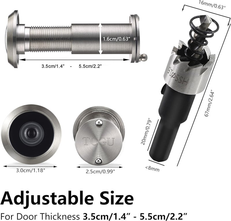 TOGU 220-degree Solid Brass Peep Holes for Door with 16mm Drill Bit  0.63 inch Door Peephole with Privacy  Compatible with Door Thick from 1-3/8"" to 2-1/6""  Brushed Nickel Finish - Image 3